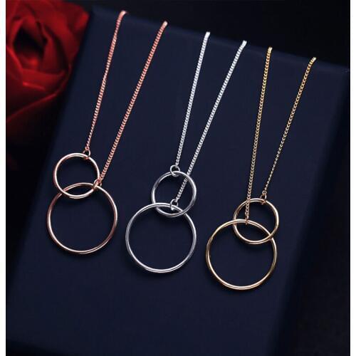925 Sterling Silver Double Round Circle Clavicle Necklace Rose Gold Chain Jewelry Forever Women Necklace Gift S-N333