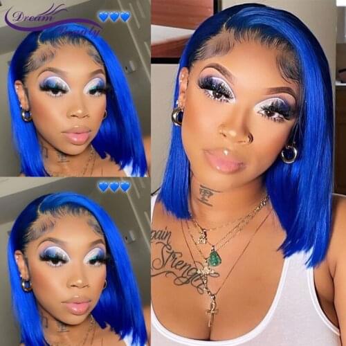 Ombre Dark Blue Human Hair Wigs Straight Short Bob Blue Lace Part Wigs Peruvian 13x1 Lace Front Wigs 180% Preplucked