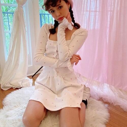 MODX White Cherry Print Ruffle Long Sleeve Dress Autumn A-line Slim Button Mini Dresses Sweet Square Neck Elegant Streetwear