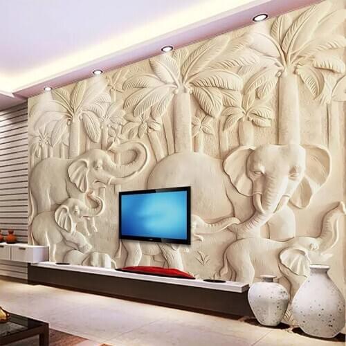 Custom Wall Cloth Sandstone Relief Elephant Leaf Tree Background 3D Wall Painting Waterproof Mural Living Room Sofa Background