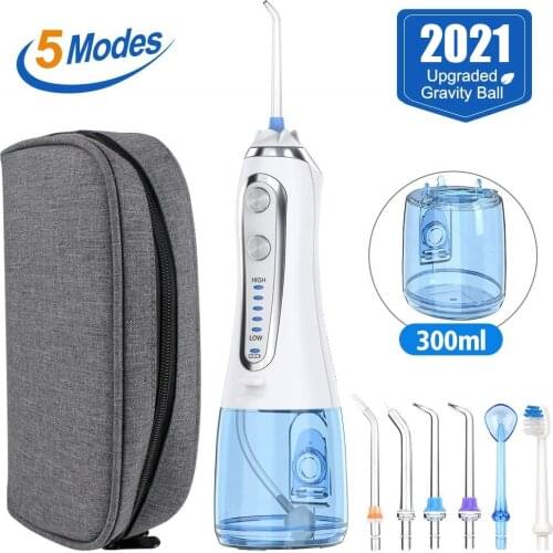 5 Modes Portable Oral Irrigator USB Rechargeable Dental Water Flosser Jet 300ml Irrigator Dental Water Floss Teeth Cleaner+5 Jet