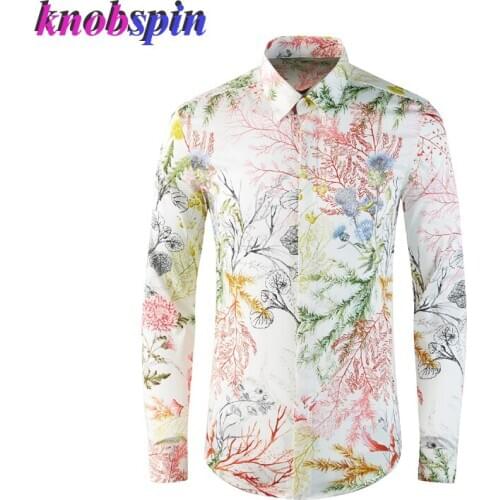Luxury Seaweed Printed Shirt Men Turn-down collar Long Sleeve Slim Fall Chemise homme 100% Pure Cotton Shirts For Men Plus Size
