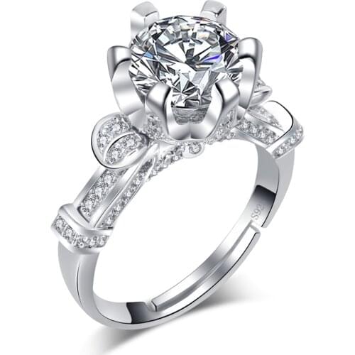 Kinel Luxury 1ct Zircon Wedding Rings For Women Fashion Silver Color Crystal Flower Open Ring Engagement Jewelry Wholesale