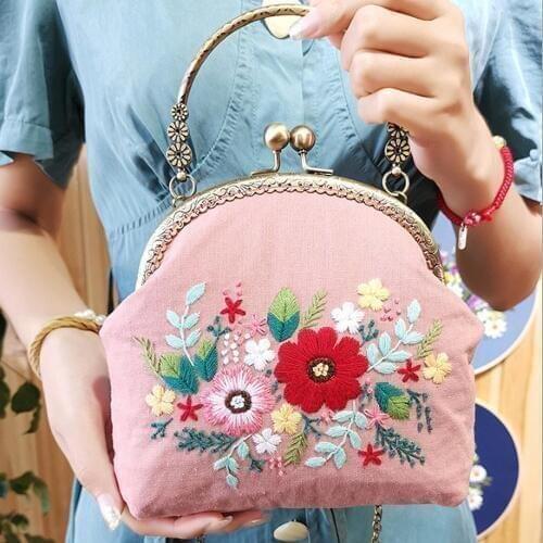 DIY Embroidery Handcraft Needlework Cross Stitch Kit Hand Bag Purse with Handle and Sling Chain Handbag Package Bag