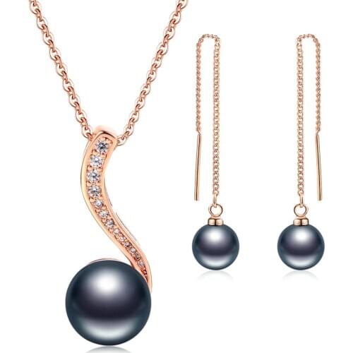 Earrings Necklace Jewelry Sets For Women Classic Elegant Black Imitation Pearl Rose Gold Color 2PCS Gift Fashion Jewelry S515