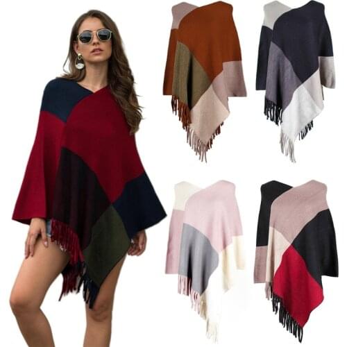Women Color Block Poncho Cape Asymmetric Tassels Hem Knitted Shawl Scarf Wrap Vintage Fringed Loose Pullover Sweater Top