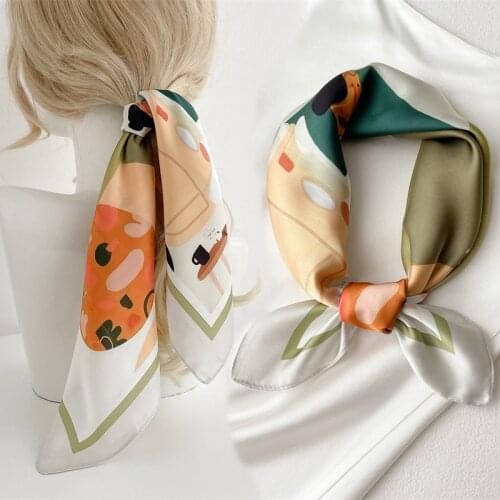 Silk Women Headband Scarf Small Print Dog Gilrs Neckerchief Hair Tie Band Bag Bandana Shawl Foulard Summer Square Scarves 2021