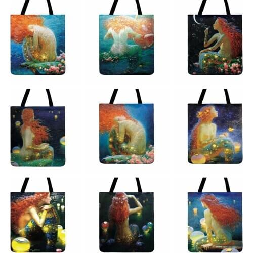 Ocean Fairy Mermaid Girl Painting Print Tote Bag For Women Casual Tote Ladies Shoulder Bag Shopping Bag Outdoor Beach Bags