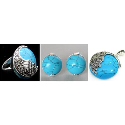 Vintage Blue jade 925 Sterling Silver Marcasite Ring (#7-10) pendant and earrings sets 04