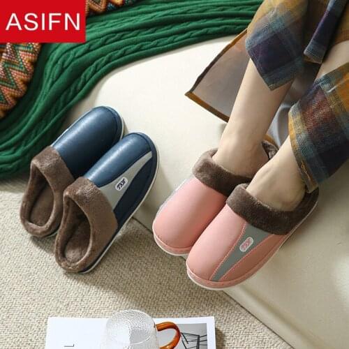 ASIFN Waterproof PU Leather Slippers Women Men House Winter Fuzzy Thick Soled Warm Plus Velvet Plush Non-slip Fur Cotton Shoes