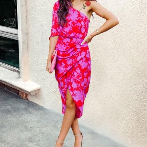 Women Inclined Shoulder Strap Backless Print Floral Beach Dresses 2021 Summer Fashion Sexy New Womens Elegant Skirt