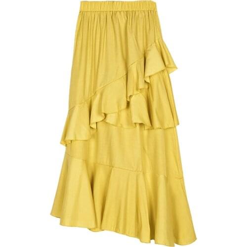 Women Skirt High Waist Solid Color Asymmetrical Saias Streetwear Temperament Ladies Fashion Design Mid-calf Ruffles Long Skirt