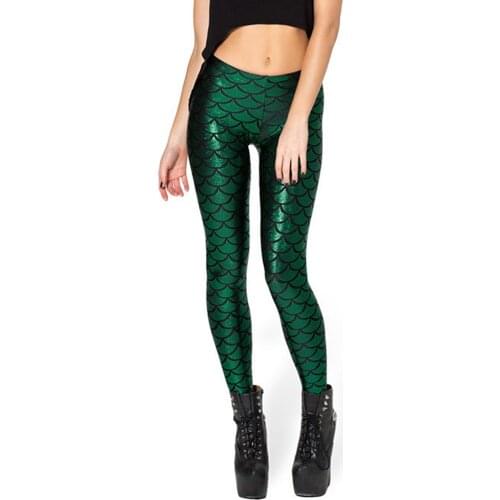 CUHAKCI Women Fish Scale Print Mermaid Leggings Push Up Stretch Shiny Pants Casual Trousers