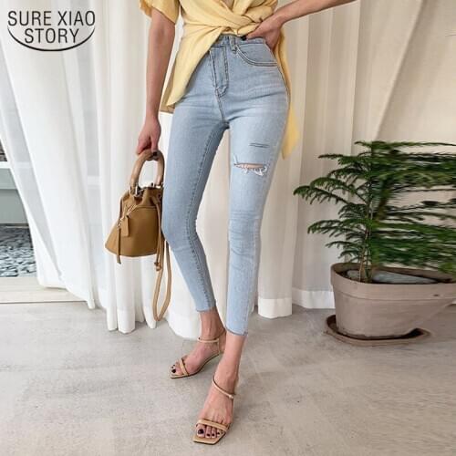 2021 Autumn New Vintage Light Blue Pencil Pants Ripped Jeans for Women Capri-Pants Trousers for Women Ropa De Mujer 10503