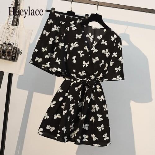 Plus size women Summer bow print two piece set for women short sleeve v neck chiffon high waist chiffon top and shorts sets 2021