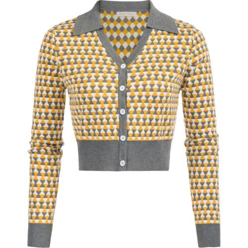 Belle Poque Women Shrug Retro Cropped Sweater Cardigan Lapel Collar Contrast Color Knitwear Argyle Jumpers Sweet Fashion New