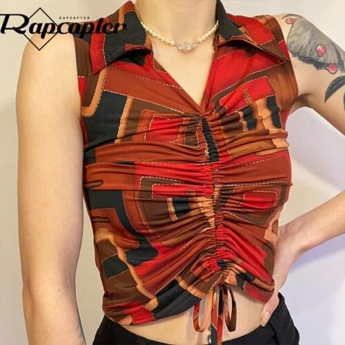 Rapcopter Printed Vintage Tank Tops Ruched Drawstring Y2K Crop Top Turn Down Collar Corset Top Female Summer Sweats Elegant 90s