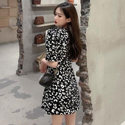 Vintage Dresse Women Clothes Puff Sleeve Leopard Pattern Summer Mini Clubwear High Street Ladies Trendy Cozy Mini A-line Dresses
