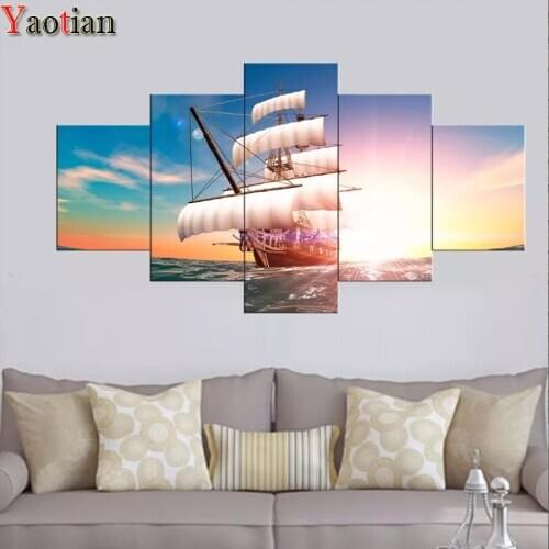 5 PCS Diy 5d Diamond Painting Landscape Boat in Sunset Sea Cross Stitch Full Round square Diamond Embroidery Mosaic Pattern