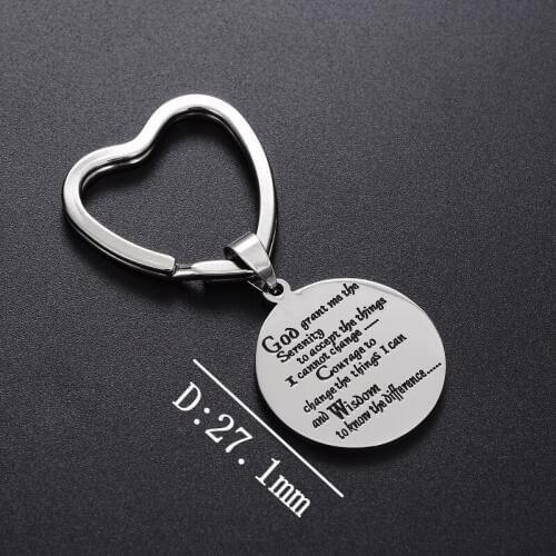 Stainless Steel Engraved God grant me the Serenity to accept the things Round Charm Keyring Heart Keychain for Dropshipping