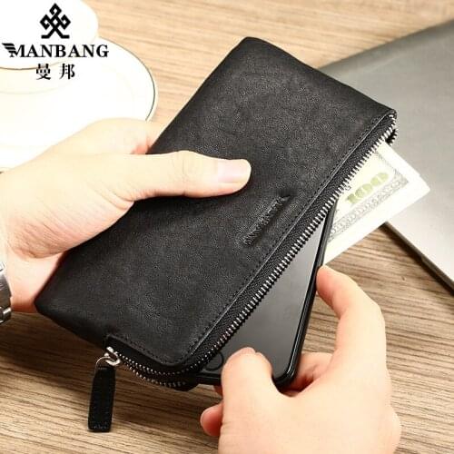 ManBang Brand Mens Wallet Long Mini Genuine Veg-tanned Leather Zipper Mobile Phone Card Bag First Layer Cowhide Purse Fashion