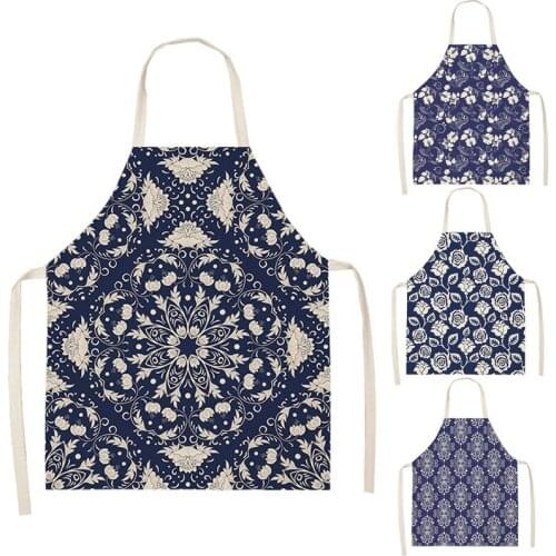 Blue Porcelain Mandala Kitchen Aprons For Women Cotton Linen Bibs Household Cleaning Pinafore Home Cooking Apron 66x47cm
