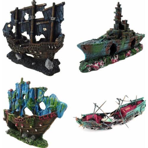 Resin Artificial Aquarium Sunk Wreck Boat Decoration Fish Tank Damaged Ship Ornament Fish Shrimp Cave Stone Rock 4 Styles