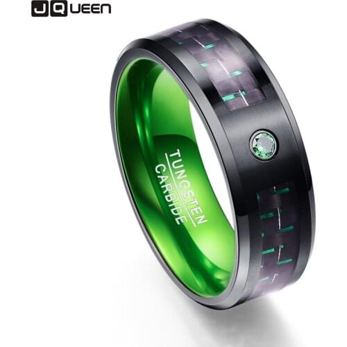 Carbon Fiber Party Ring Green Zircon Men Rings 100% Tungsten Carbide Wedding Bands Anillos Para Hombres Ring
