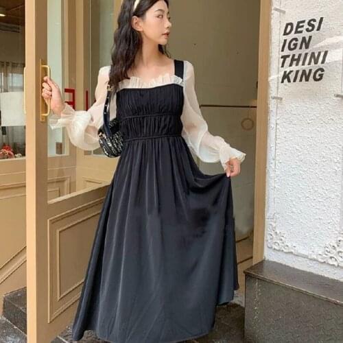 Korean 2021 Autumn French Elegant Dress Women Vintage Square Collar Long Sleeve Fairy Dress Lace-Up Chic Party One Piece Dress