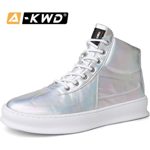 Fashion Shoes 2019 Black White Silver Sneakers Mens Wear Resistent Deportivas Autumn High Top Mans Shoes Genuine Leather Glossy Men Leather Shoes Casual Sports Male Footwear 38-43 Men Designer Sneakers for Men Sneakers