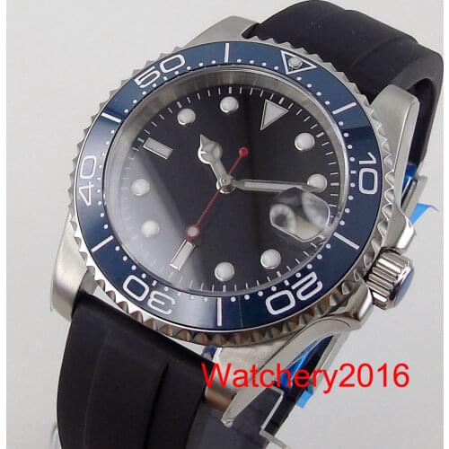 BLIGER No Logo 40mm Black Dial SUB Mechancial Men Watch Black Dial Red Second Hand 24 Jewels NH35 MIYOTA 8215 Rubber Strap