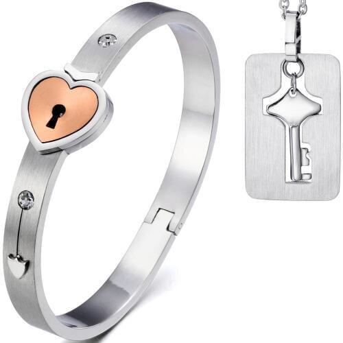BONISKISS Lovers' Necklace Bracelet Silver Color Couple Heart Lock Stainless Steel Key Pendant Titanium Steel Jewelry Sets