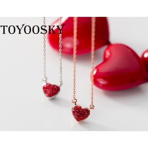Real 925 Sterling Silver Small Red And Black Colors Zircons Heart Necklaces for Women Pendant Necklace for Lady Woman Girl Girlf