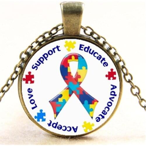 Accept Autism Photo Cabochon Glass Chain Necklace,Charm Creative Women Pendants Fashion Jewelry Accessory,Friend Gifts