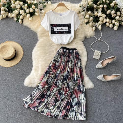 SINGREINY Women 2021 Summer Korean Vacation Set Short Sleeve O Neck White T-Shirt+High Waist Pleated Long Skirt Two Piece Suits