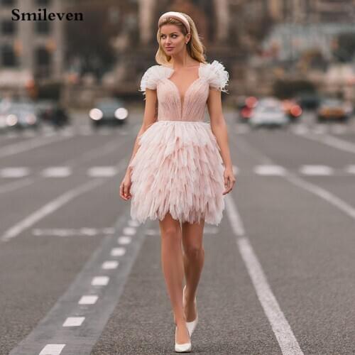 Smileven 2021 Newest Light Pink Short Mini Prom Dress Tiered Puff Tulle Cocktail Dresses Sexy Backless Evening Party Gowns