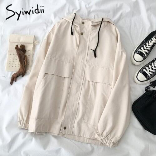 Syiwidii Drawstring Hooded Jacket Women 2021 Fall New Vintage Oversized Long Sleeve Outerwear Korean Fashion Streetwear Coats