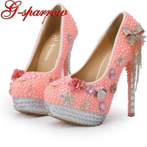 2018 Wedding Shoes Pink Pearl Banquet Formal Dress Shoes Spring Handmade Bride Shoes Adult Ceremony Pumps Party Prom Pumps