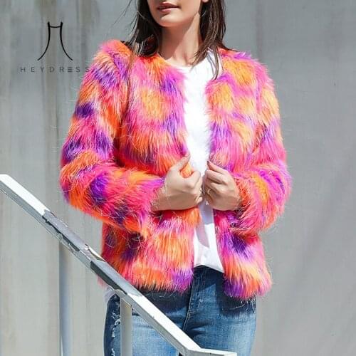 Heydress Winter Gradual Color Warm Coat Vintage Print Female Faux Fur Coat Jackets Casual Street Wear Lady Loose Outwear