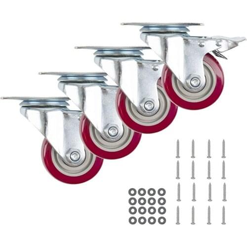 4pcs Caster Wheels Locking Castors Heavy Duty Red 3 Inch Metal Swivel Brake Casters Rubber Wheel Castor Set for Furniture Carts