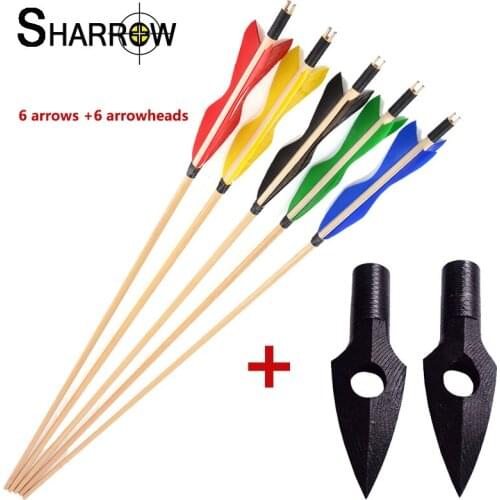 6pcs 31.5Inch Archery Wooden Arrow with 6 Arrowheads 5" Turkey Feathers for Recurve Traditional Bow Shooting Hunting Accessories