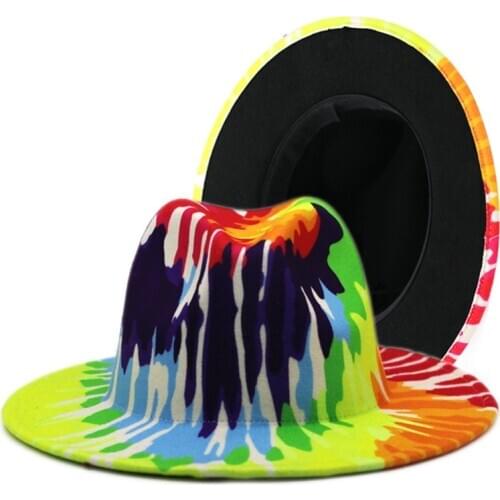 Wide Brim fedora hat Fashionable spring autumn bright color woolen jazz hat men women felt hat Tie-Dye wool-like Panama hat