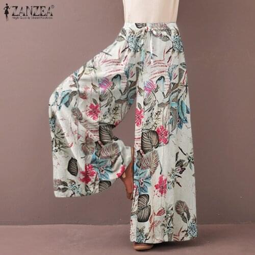 Vintage Floral Printed Trousers ZANZEA Women Spring High Waist Wide Leg Pants Casual Loose Long Flare Pantalon S