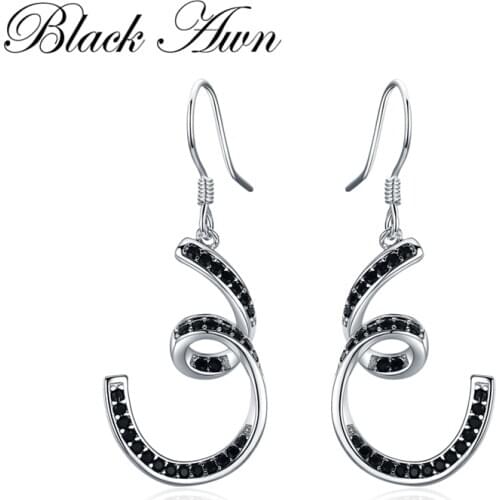 Black Awn 2020 New Trendy Authentic 100% 925 Sterling Silver Earring Black Spinel Drop Earrings for Women Fine Jewelry I136