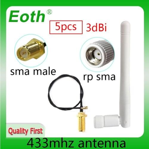 5pcs 433Mhz Antenna 3dbi GSM 433 mhz RP-SMA Connector Rubber 433m Lorawan antenna+ IPX to SMA Male Extension Cord Pigtail Cable