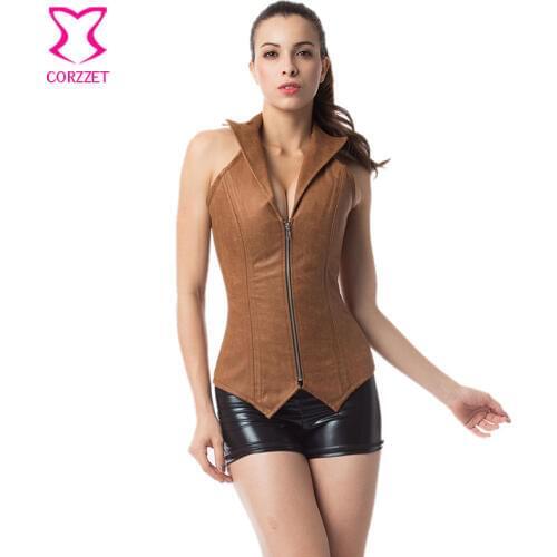 Brown Leather Steel Boned Waist Slimming Overbust Corset Top Steampunk Corsets Bustiers Burlesque Costume Espartilhos E Corpetes