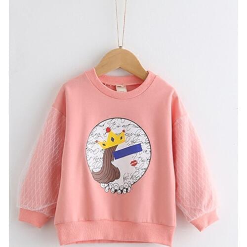 2018 hot sale Kids girls spring new fashion cartoon print patchwork mesh sleeve high quality Sweatshirt 3-8 years
