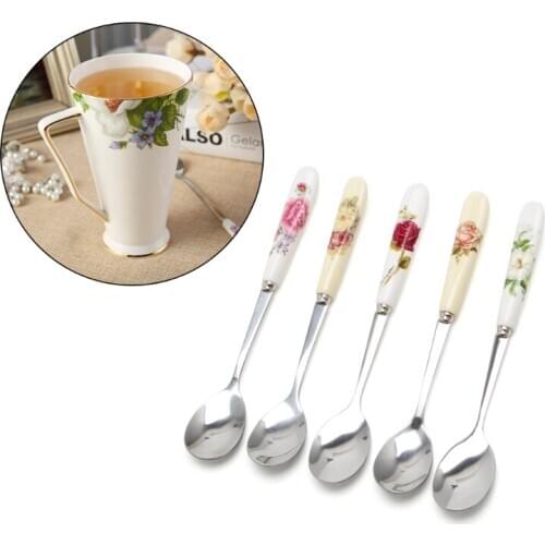 Ceramic Handle Spoon Stainless Steel Dessert Coffee Spoons Ice Cream Teaspoon