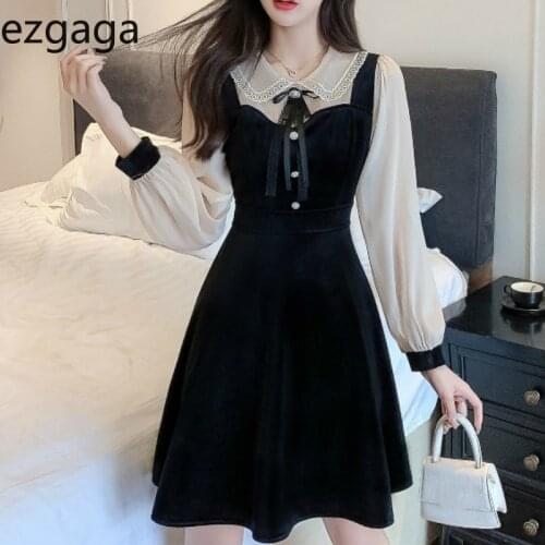 Ezgaga Elegant Dress Women Korean Patchwork Mesh Velvet Slim Waist Bowknot Button Turn-Down Collar Sweet Mini Dress Vestidos
