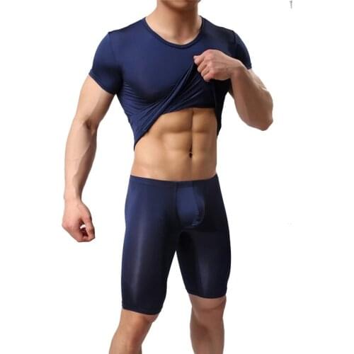 Men Undershirts Set Sexy Ice Silk Shorts Sleeve T-Shirts Shorts Leggings Sportswear Gym Fitness Tight Top Tee Boxers Sleepwear